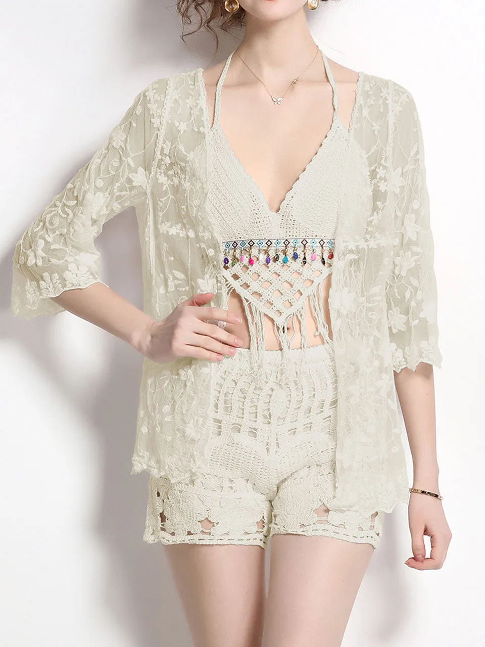 3PS Boho Style Crochet Halter Vest and Shorts Lace Cardigan Suit