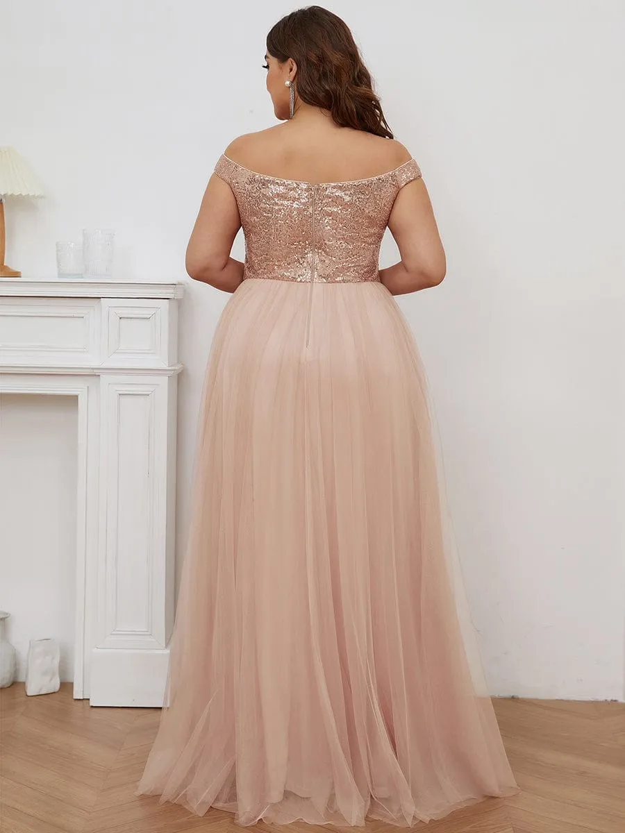 A-line Sequin Off the Shoulder Maxi Tulle Formal Evening Dress