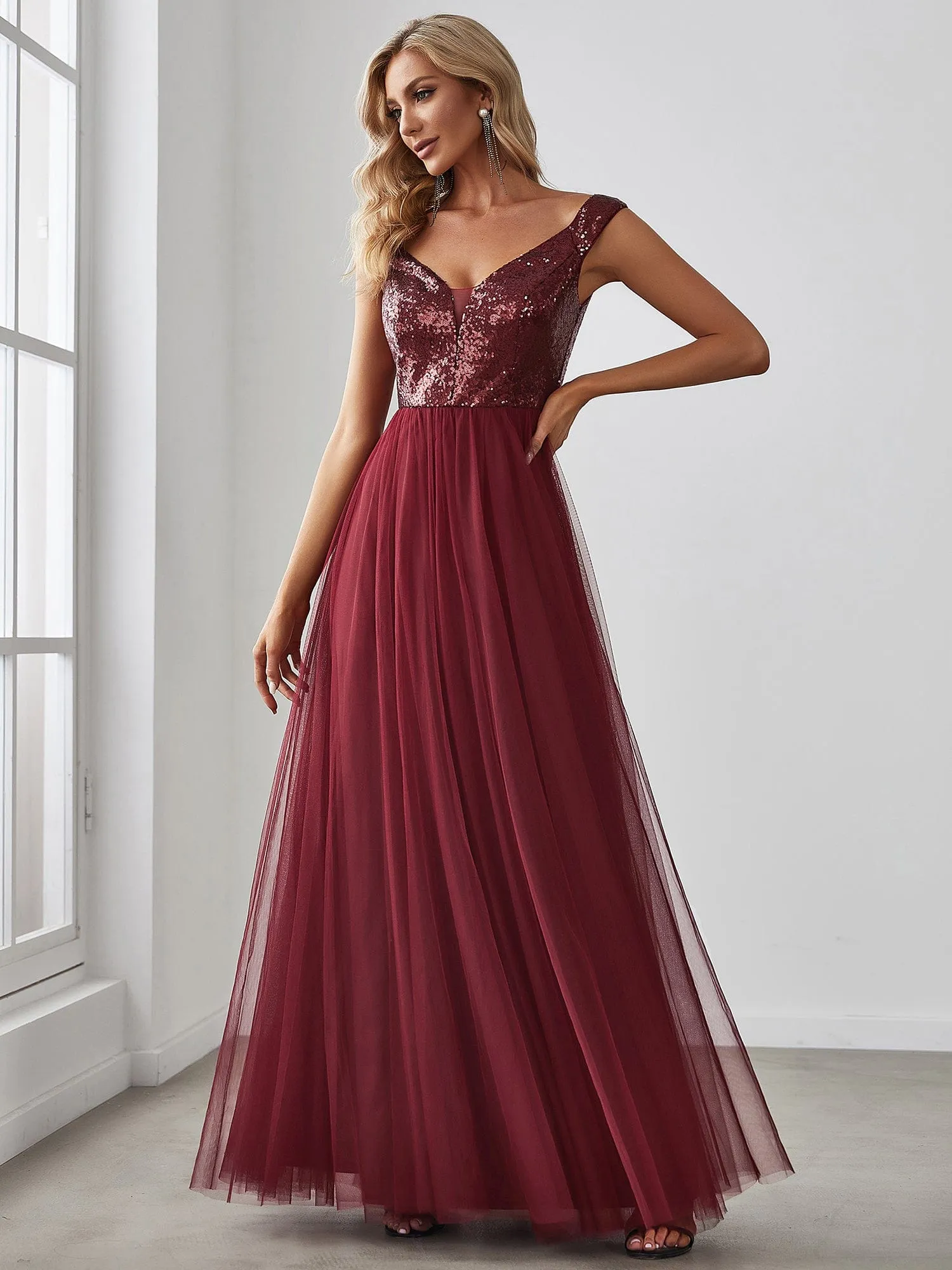 A-line Sequin Off the Shoulder Maxi Tulle Formal Evening Dress