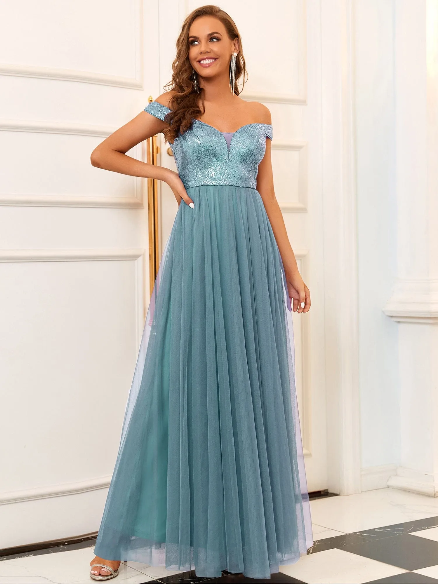 A-line Sequin Off the Shoulder Maxi Tulle Formal Evening Dress