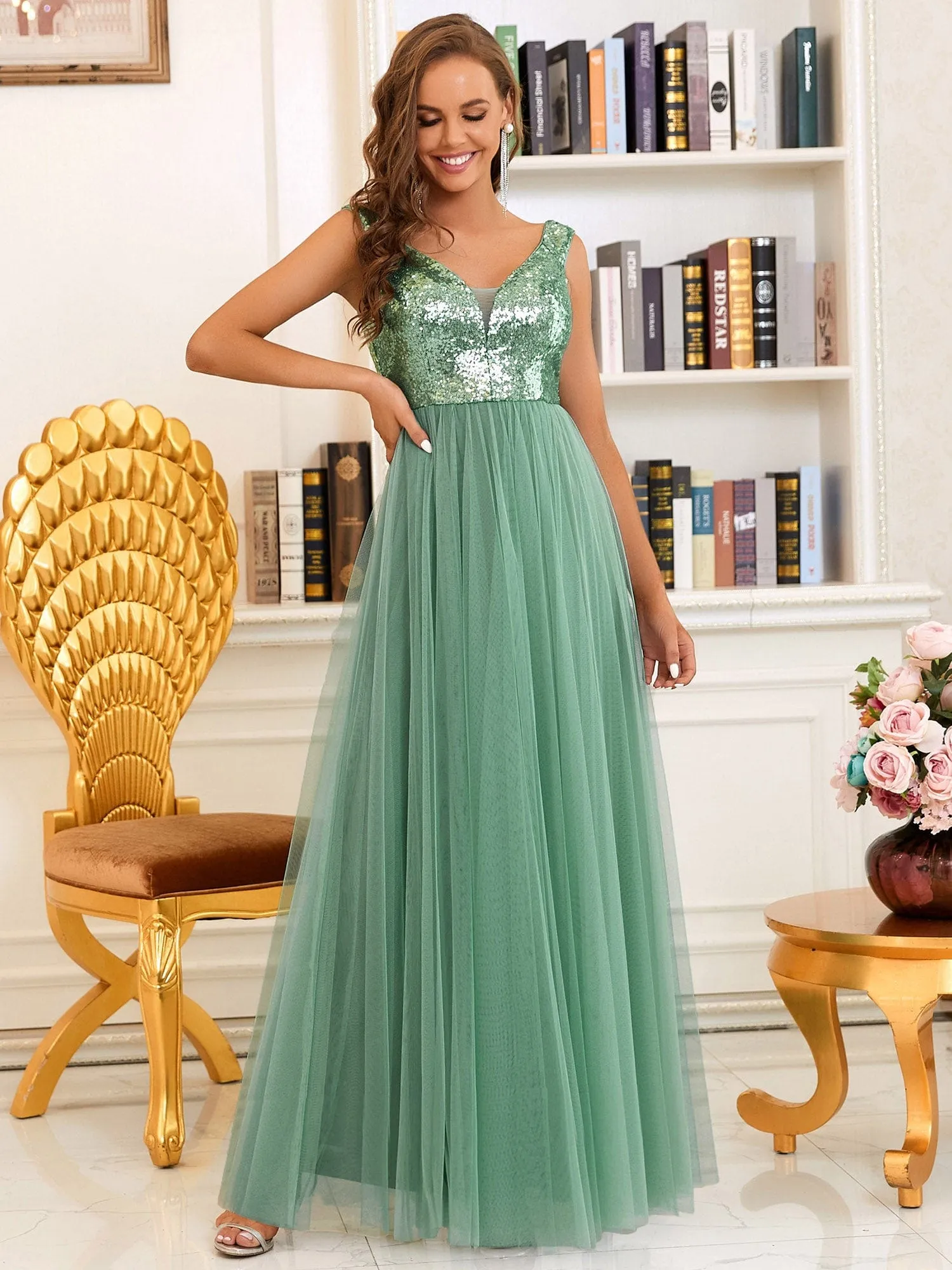 A-line Sequin Off the Shoulder Maxi Tulle Formal Evening Dress