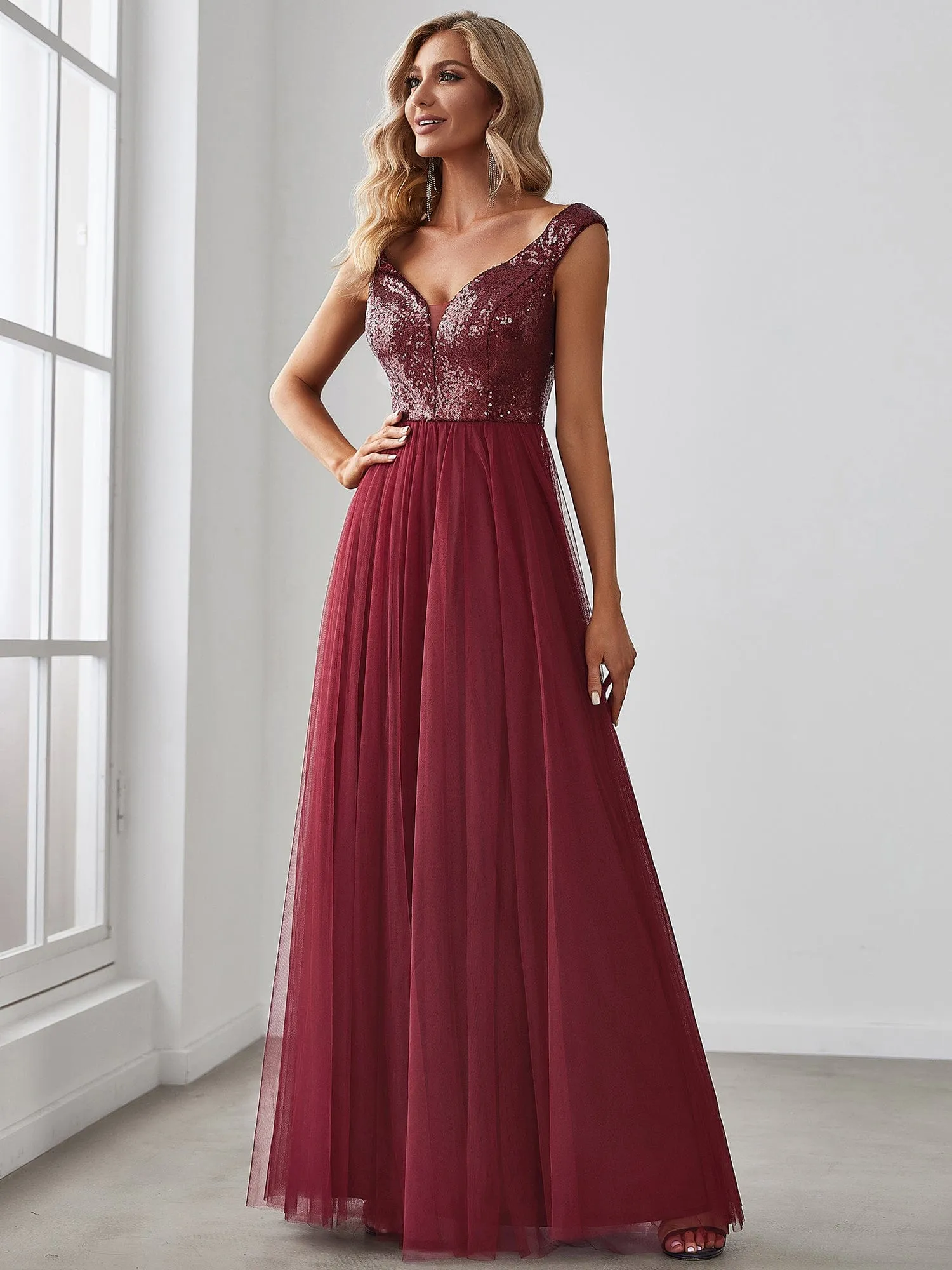 A-line Sequin Off the Shoulder Maxi Tulle Formal Evening Dress