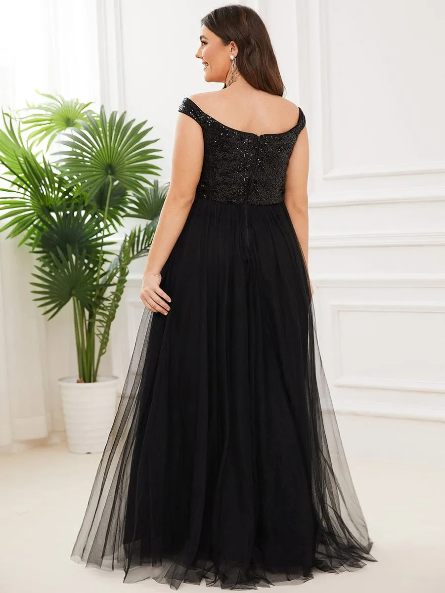 A-line Sequin Off the Shoulder Maxi Tulle Formal Evening Dress