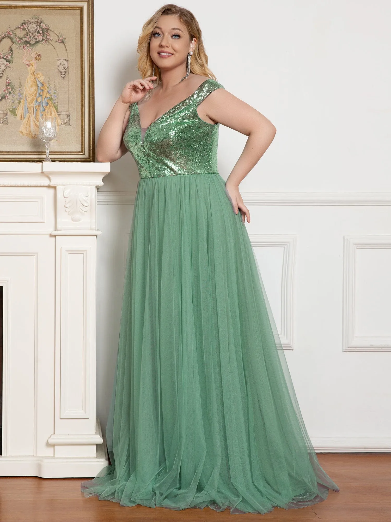 A-line Sequin Off the Shoulder Maxi Tulle Formal Evening Dress