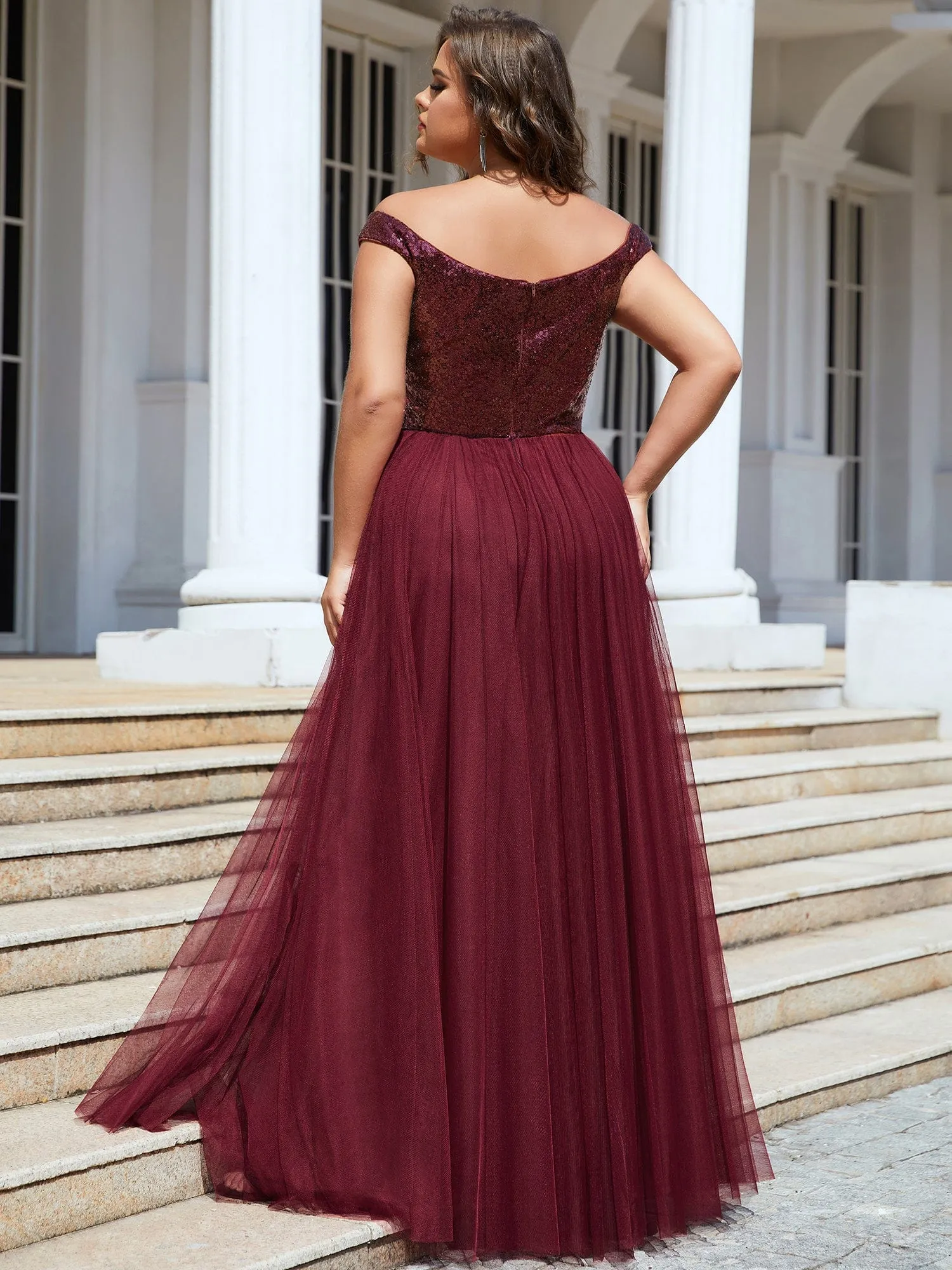 A-line Sequin Off the Shoulder Maxi Tulle Formal Evening Dress