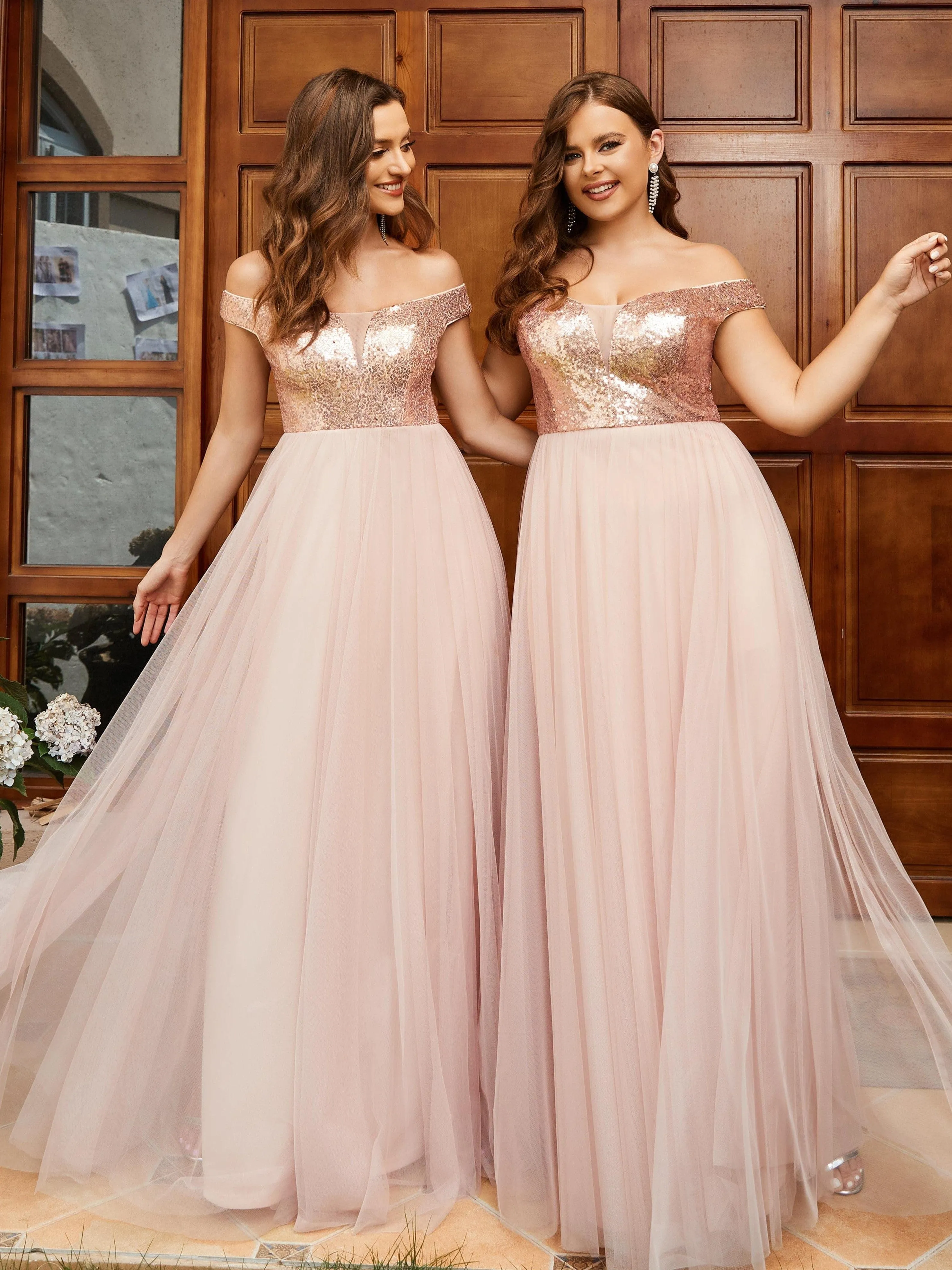 A-line Sequin Off the Shoulder Maxi Tulle Formal Evening Dress