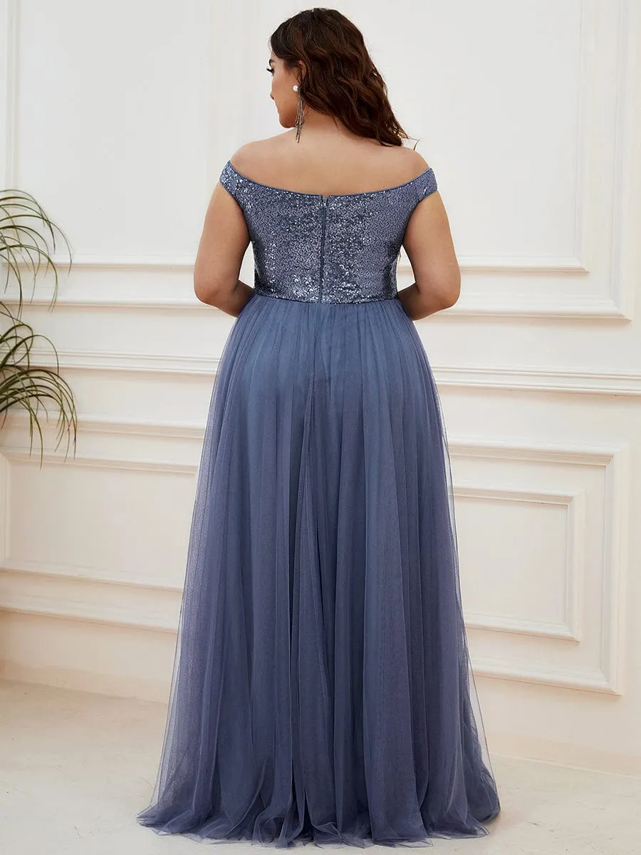 A-line Sequin Off the Shoulder Maxi Tulle Formal Evening Dress