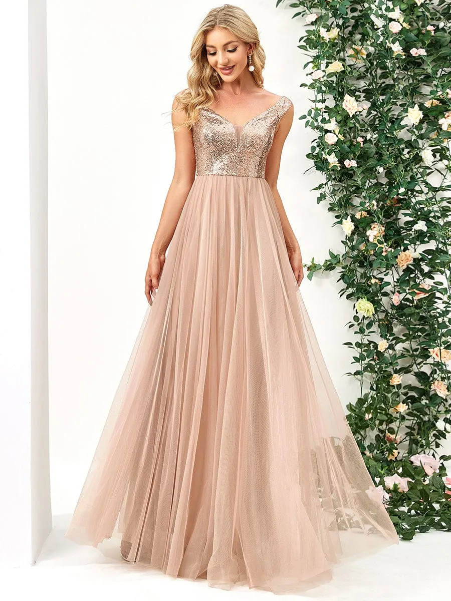 A-line Sequin Off the Shoulder Maxi Tulle Formal Evening Dress