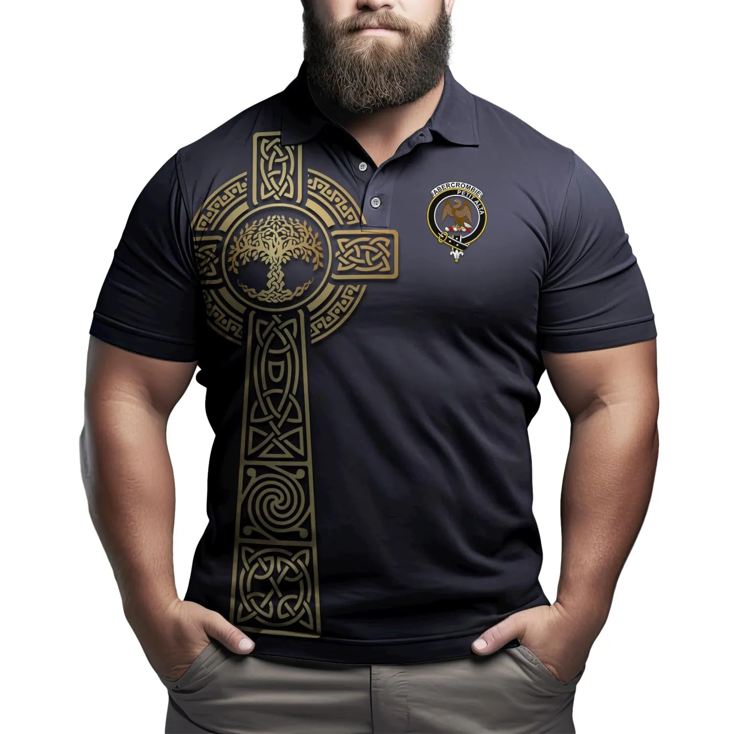 Abercrombie Clan Polo Shirt with Golden Celtic Tree Of Life