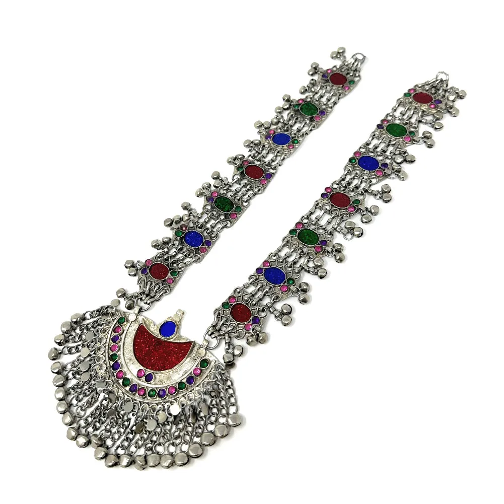 Afghan Tribal Womens Statement Kuchi Turkman Kayi Oxidized Metal Handmade Pendant Necklace in Multicolor Stones - Bohemian Belly Dancing Dandiya Jewelry - Duel On Jewel