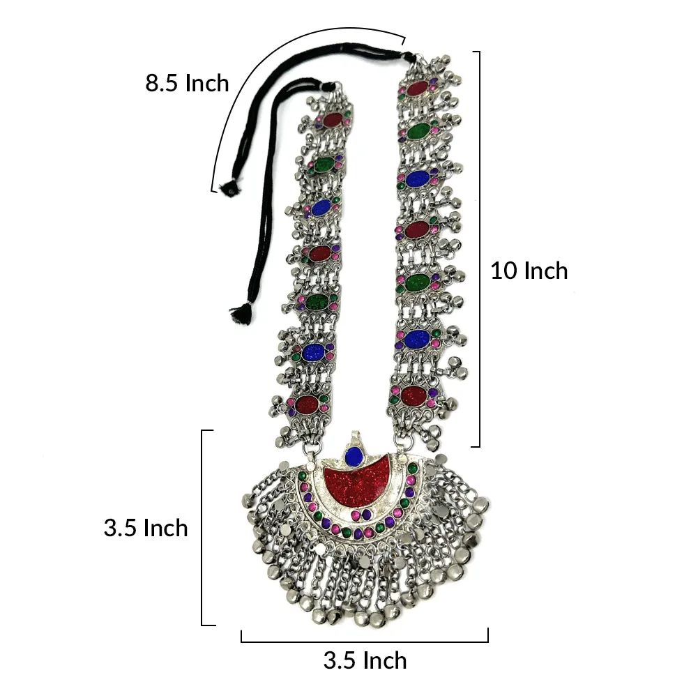 Afghan Tribal Womens Statement Kuchi Turkman Kayi Oxidized Metal Handmade Pendant Necklace in Multicolor Stones - Bohemian Belly Dancing Dandiya Jewelry - Duel On Jewel