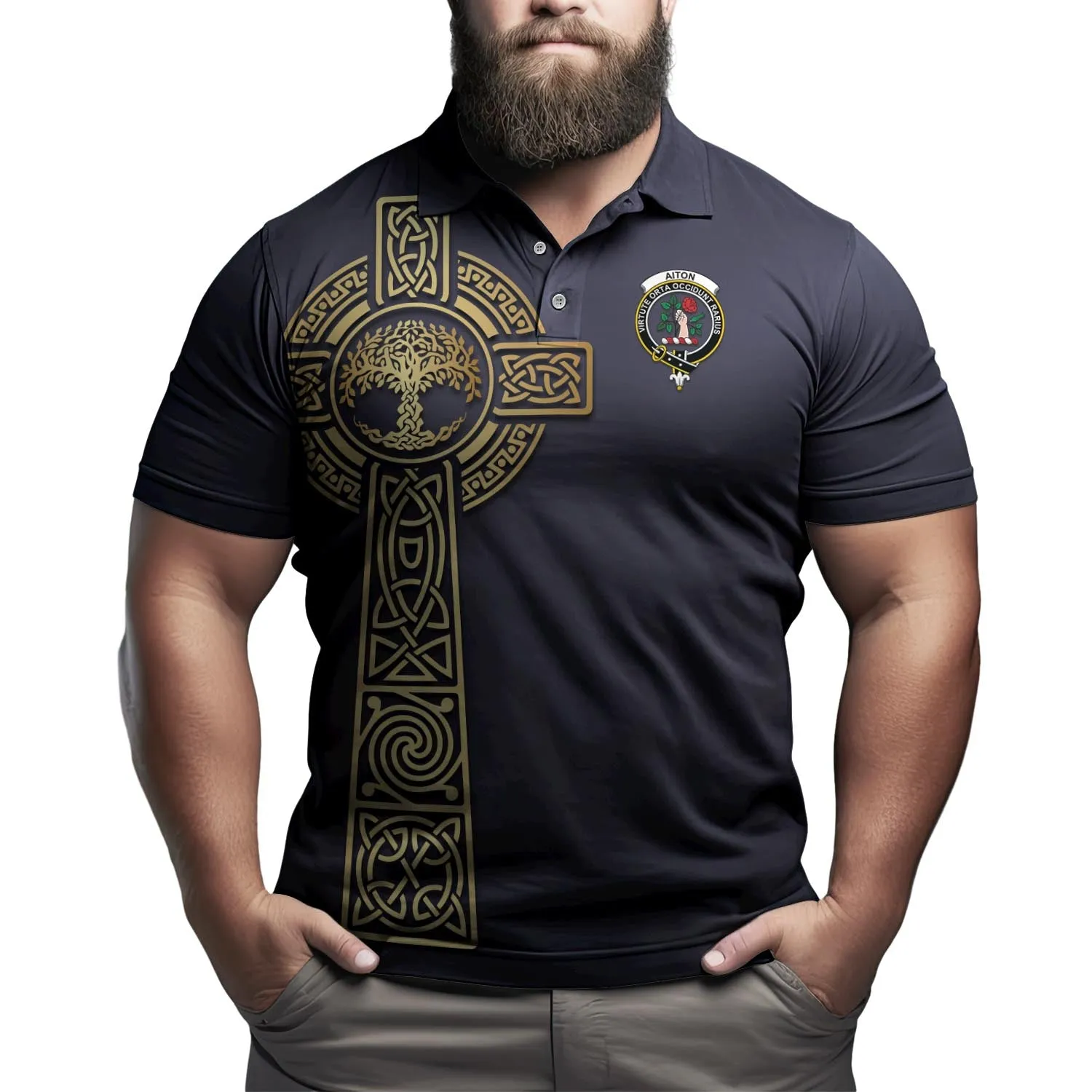 Aiton Clan Polo Shirt with Golden Celtic Tree Of Life