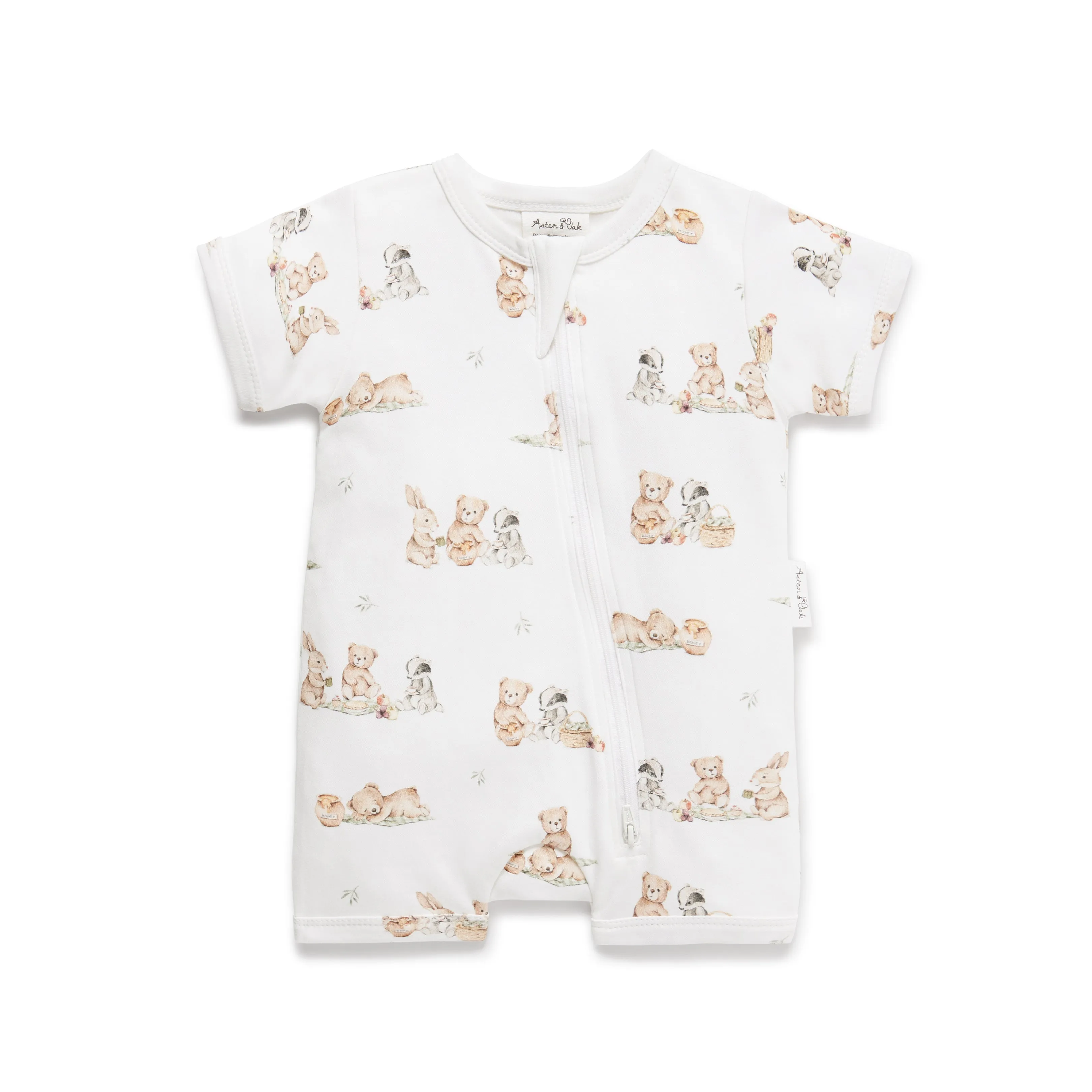 Aster and Oak Teddy Picnic Zip Romper