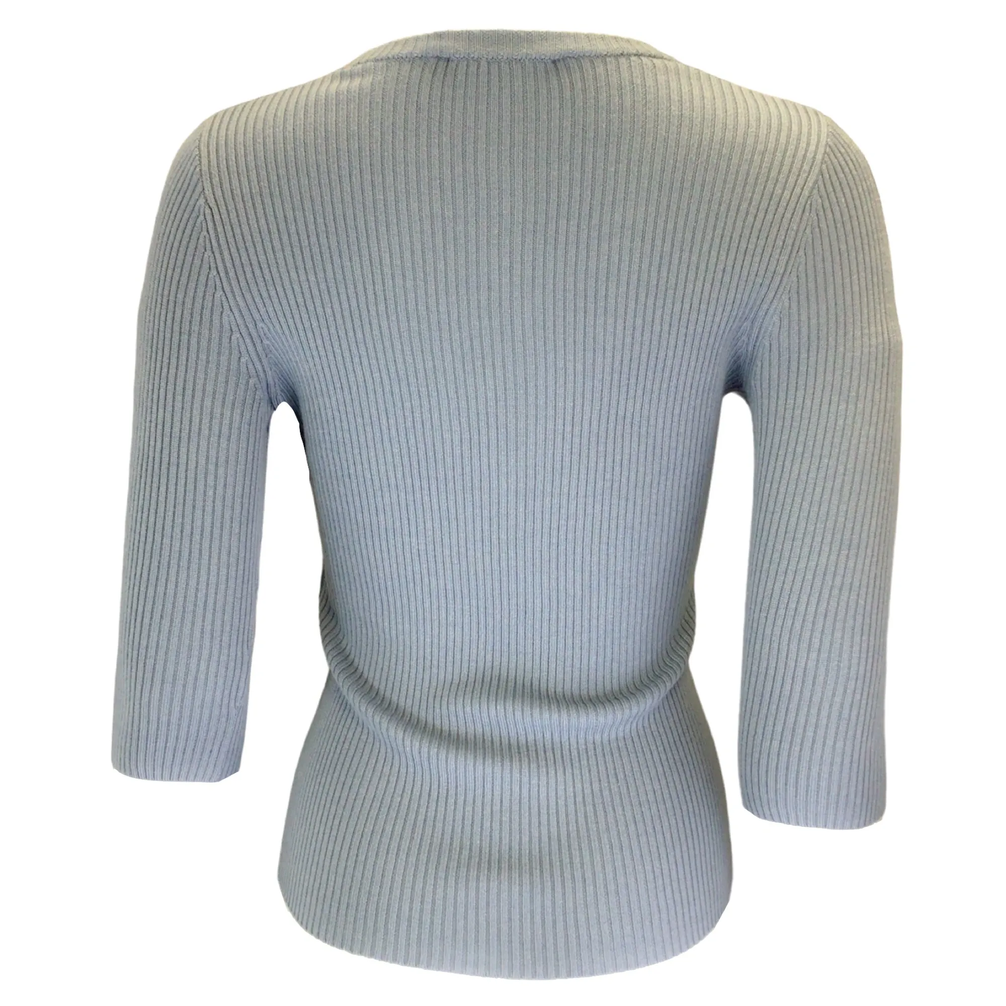 Barbara Bui Light Blue Three-Quarter Sleeved Ribbed Knit Keyhole Sweater