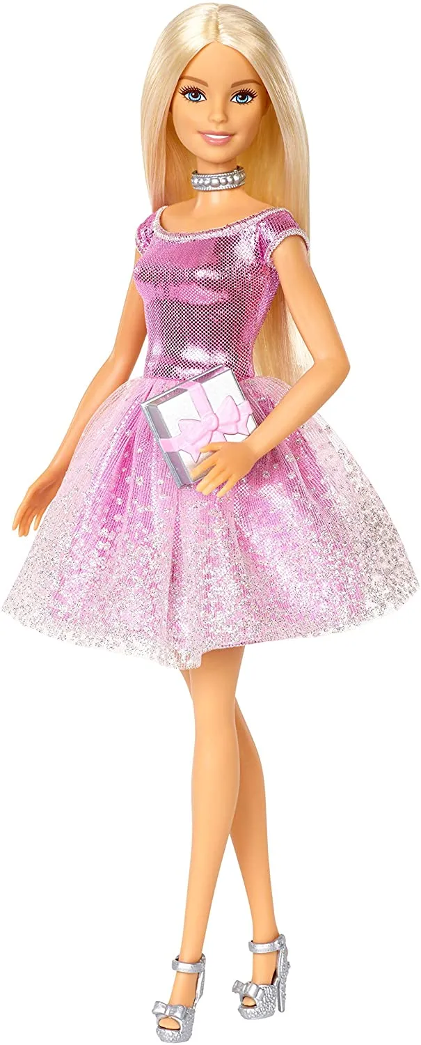 Barbie Happy Birthday Doll, Blonde, Wearing Shimmery Pink Party Dress with Gift