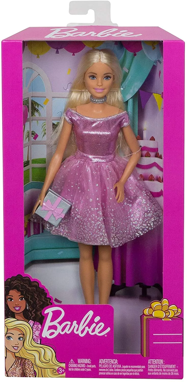 Barbie Happy Birthday Doll, Blonde, Wearing Shimmery Pink Party Dress with Gift