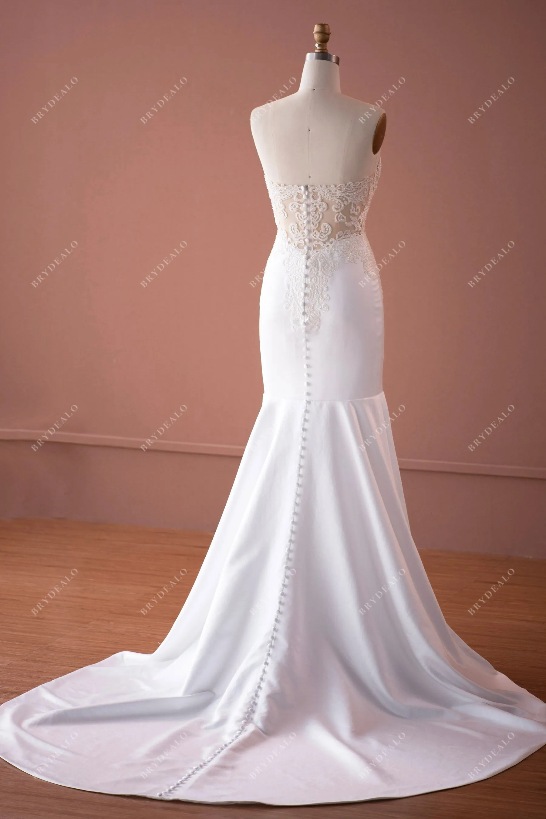 Beaded Lace Satin Strapless Plunging Mermaid Wedding Dress