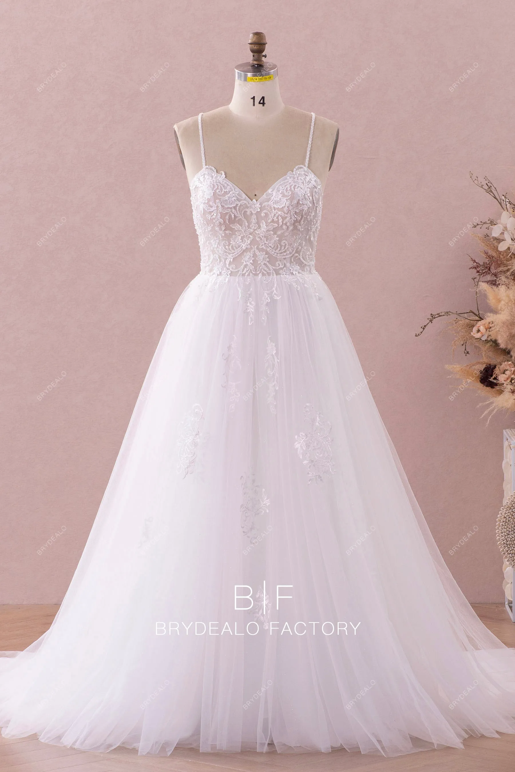 Beaded Straps Crisscross Back Timeless Lace Tulle Wedding Dress