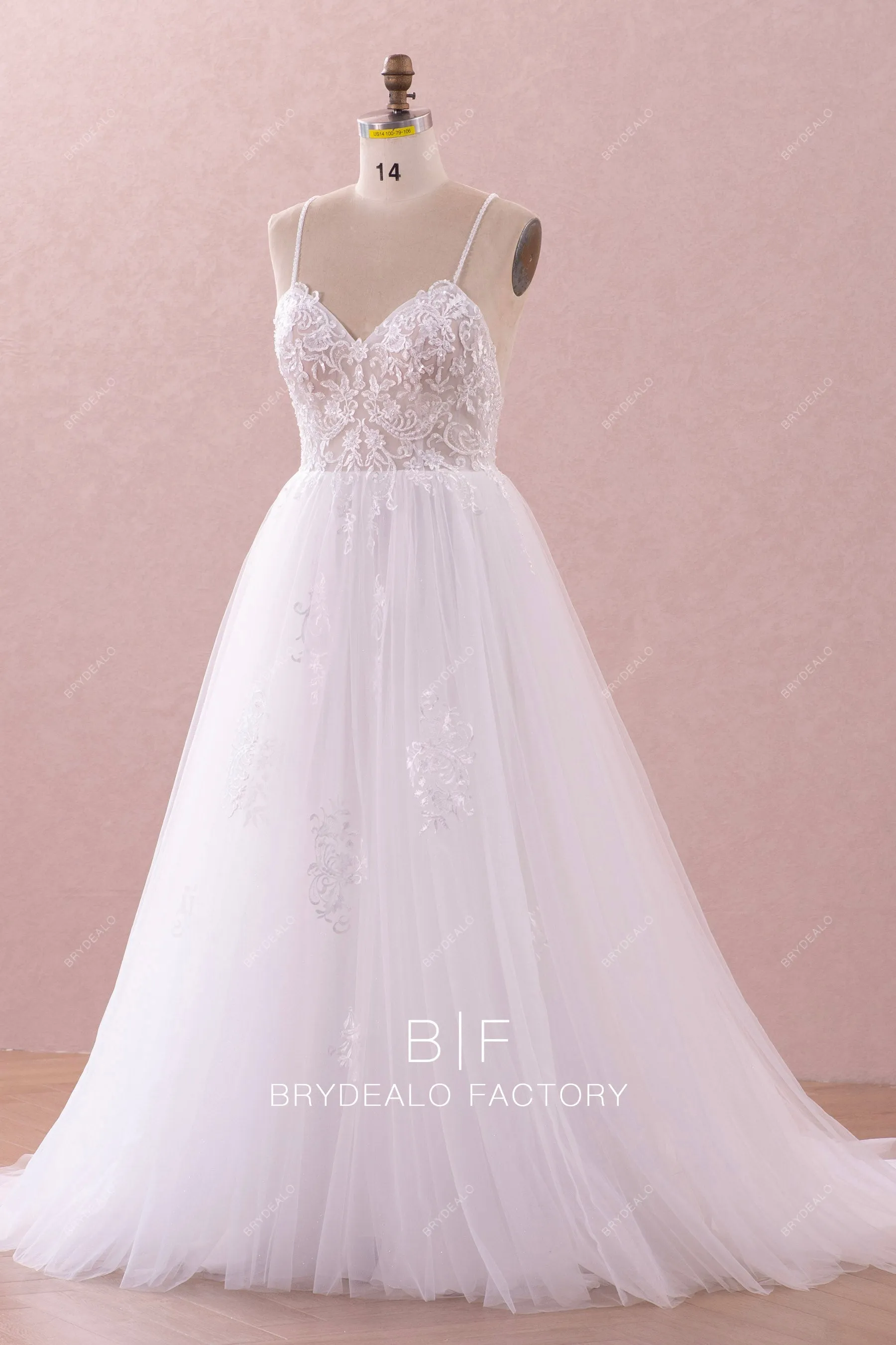 Beaded Straps Crisscross Back Timeless Lace Tulle Wedding Dress