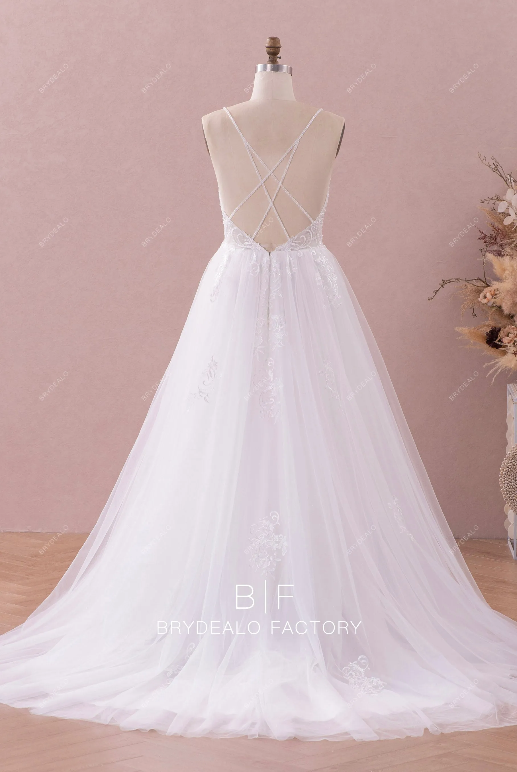 Beaded Straps Crisscross Back Timeless Lace Tulle Wedding Dress