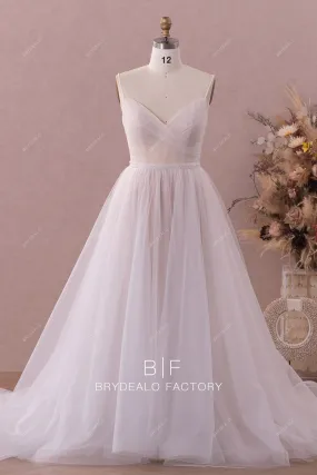 Beaded Straps Pleated Tulle V-neck Nude Modern Wedding Dress