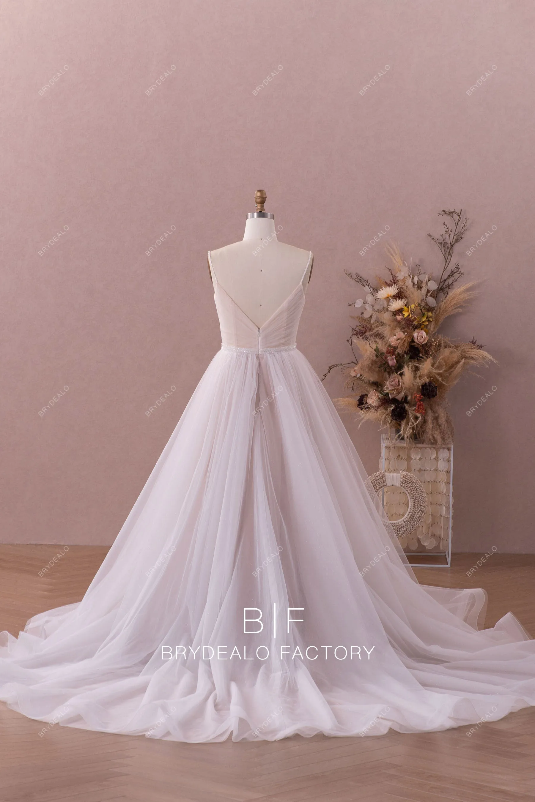 Beaded Straps Pleated Tulle V-neck Nude Modern Wedding Dress