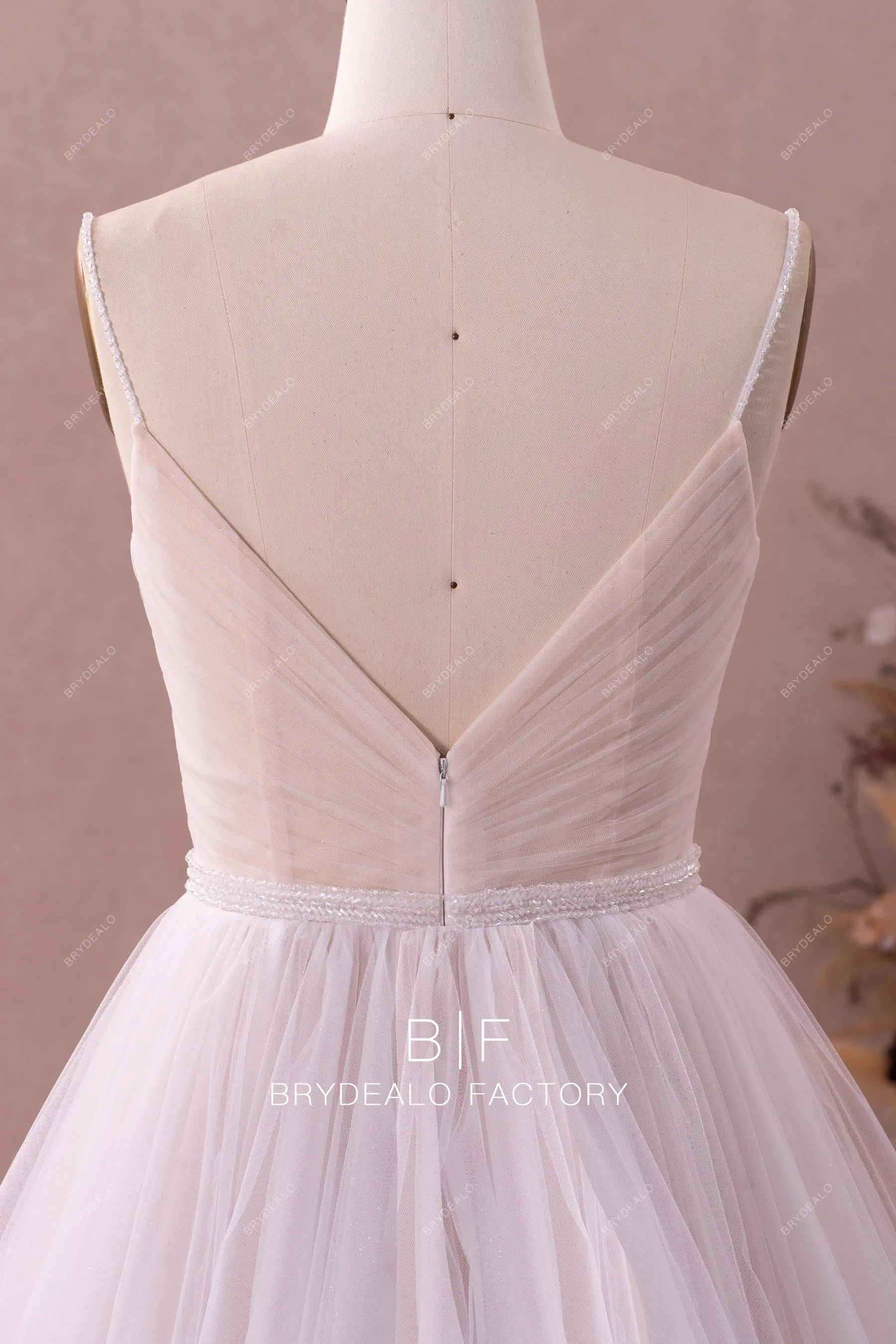 Beaded Straps Pleated Tulle V-neck Nude Modern Wedding Dress