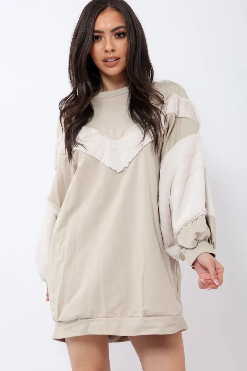 Beige Chevron Fur Jumper Dress - Esme