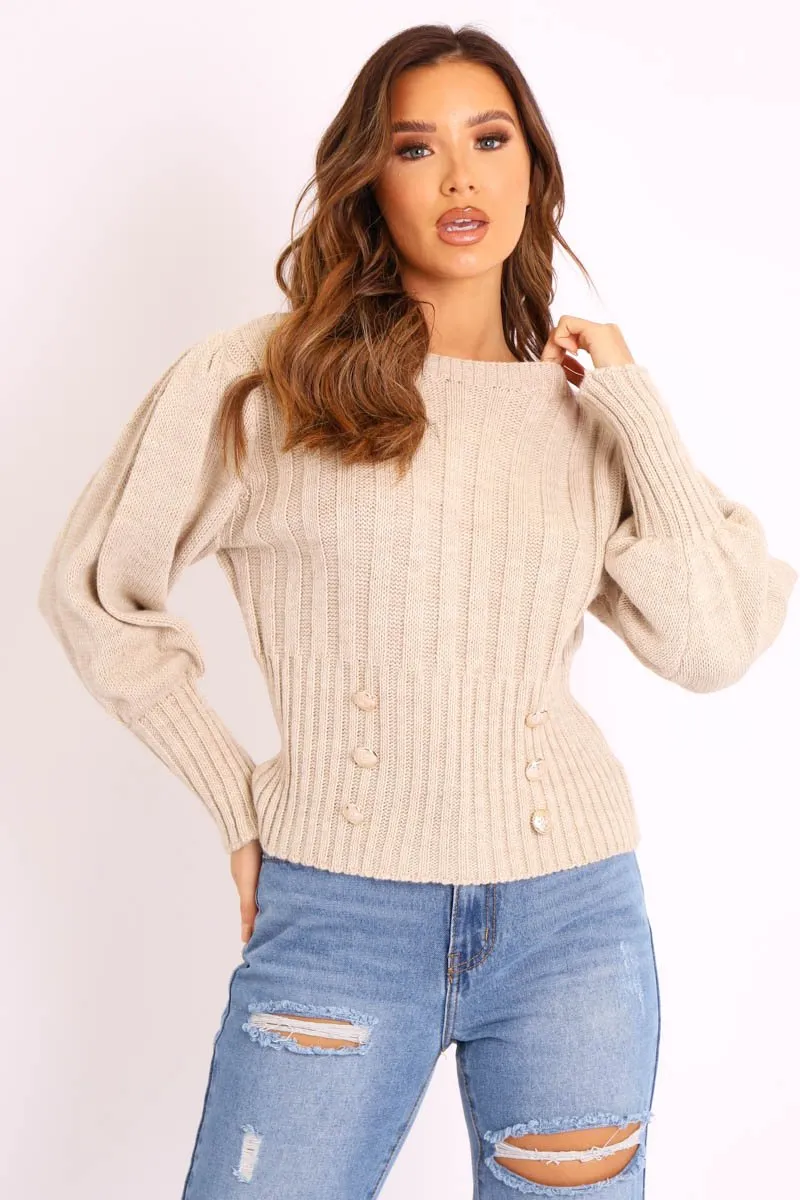 Beige Gold Button Front Knit Jumper - Eleonor