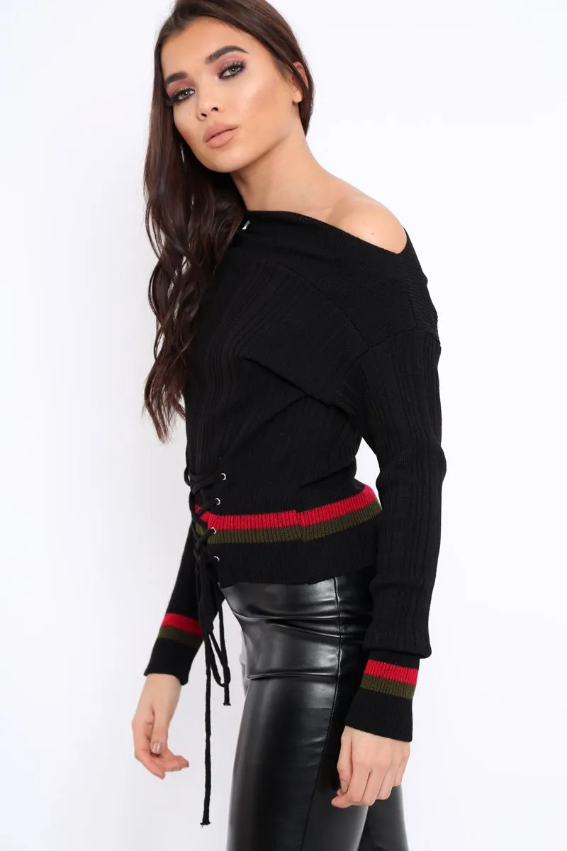 Black Bardot Jumper with Stripe and Corset Tie Detail - Sandie