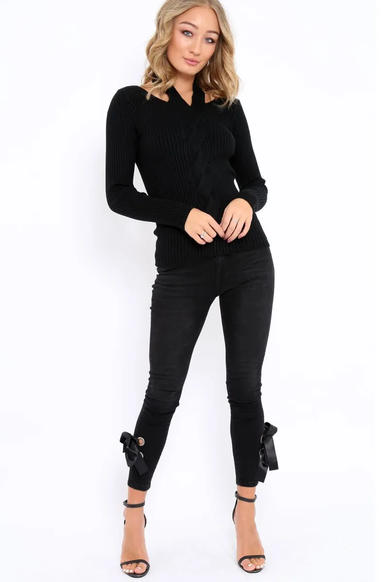 Black Choker Twist Knit Jumper - Maya