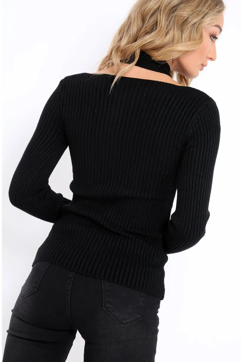 Black Choker Twist Knit Jumper - Maya