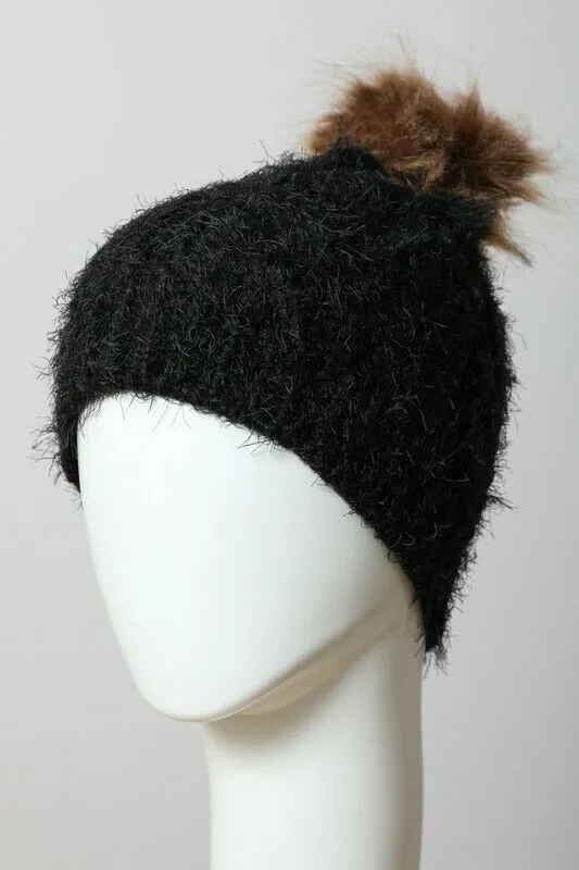 Black Faux Mohair Soft Knit Faux Fur Pompom Winter Womens Beanie Hat