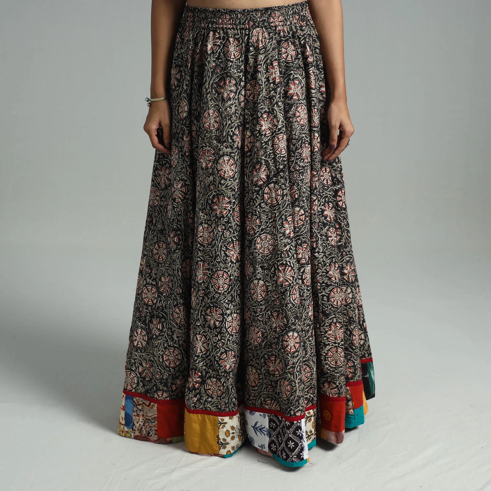 Black - Hand Block Printed Cotton Long Kalamkari Skirt 04