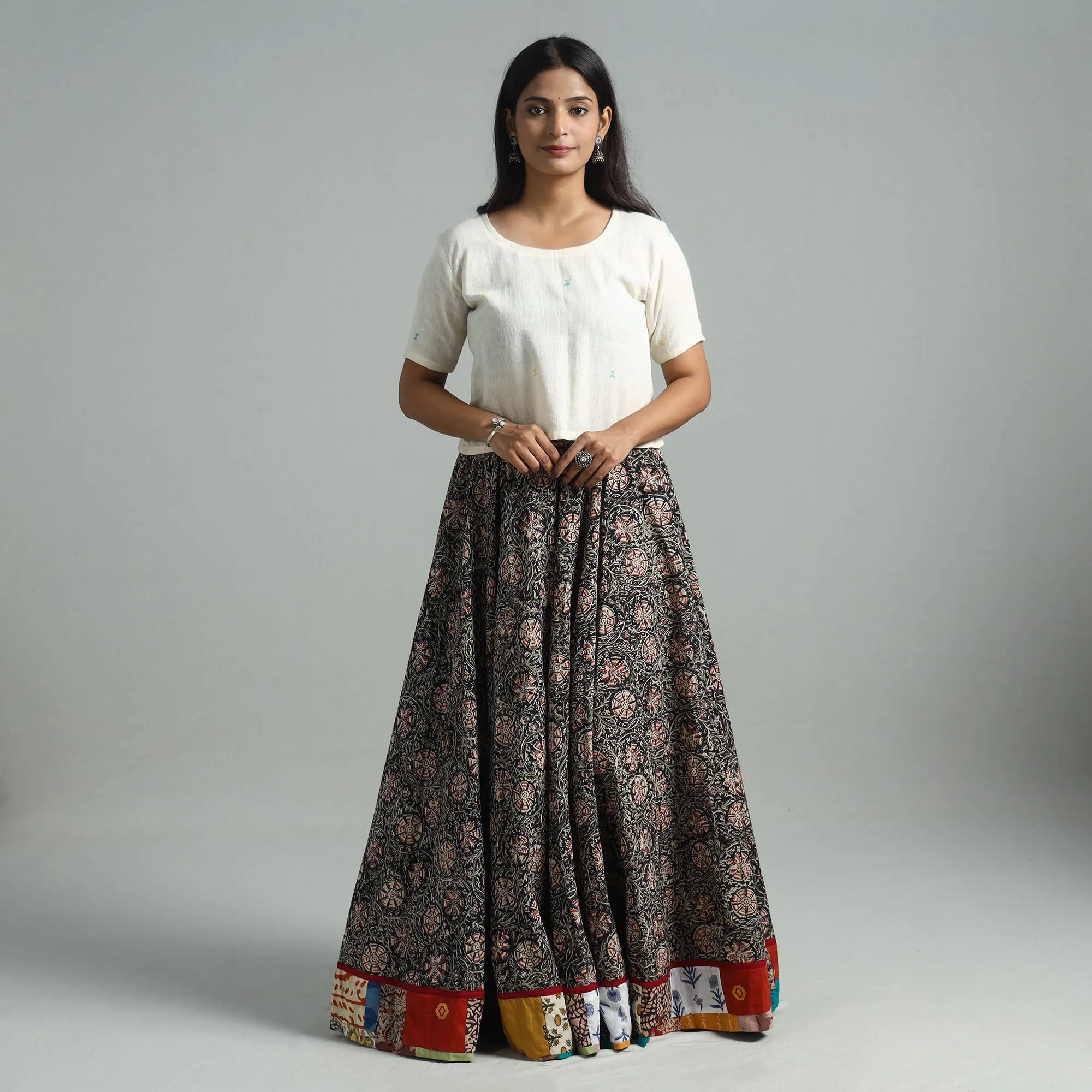 Black - Hand Block Printed Cotton Long Kalamkari Skirt 04