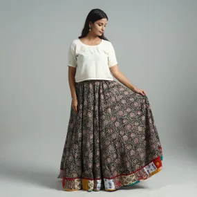 Black - Hand Block Printed Cotton Long Kalamkari Skirt 04