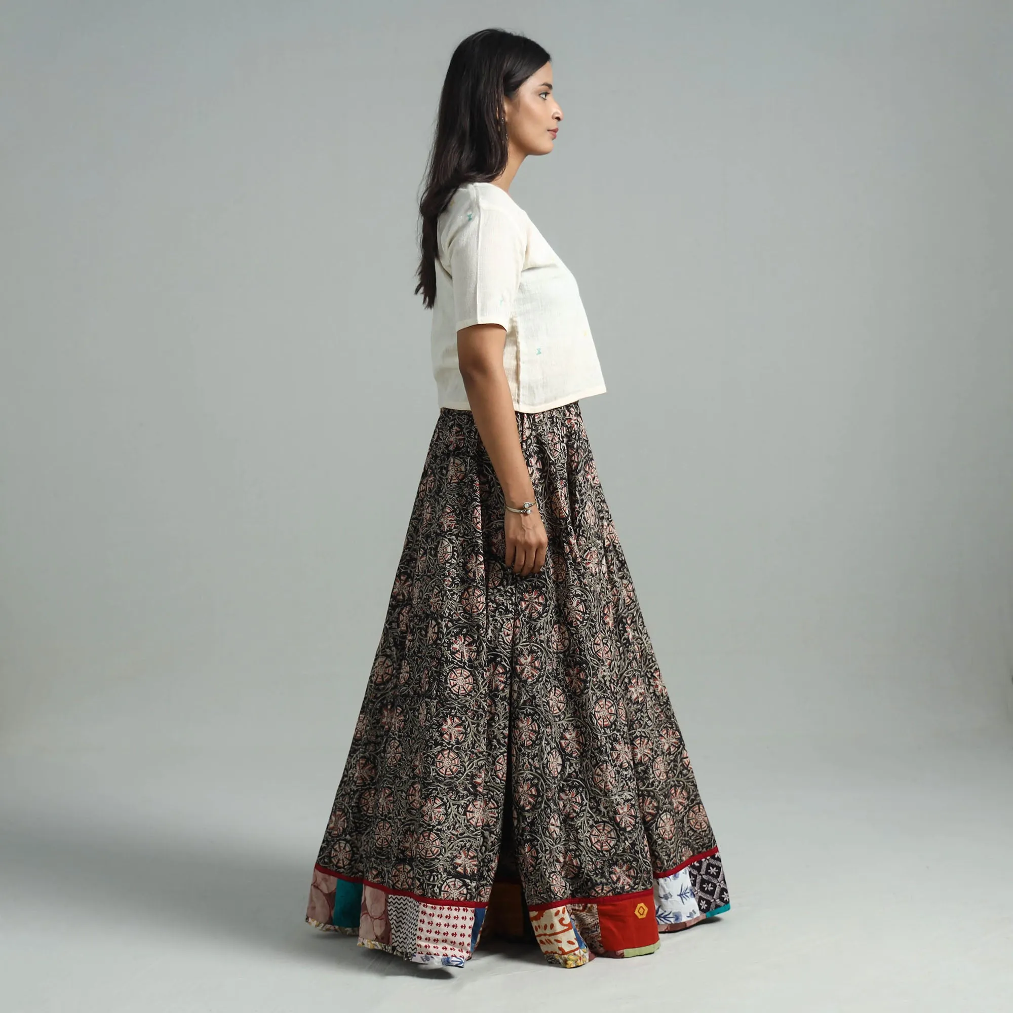 Black - Hand Block Printed Cotton Long Kalamkari Skirt 04