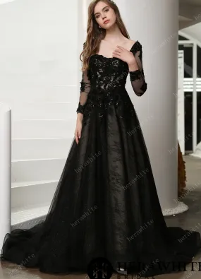 Black Illusion Lace Wedding Dress with Detachable Long Sleeves