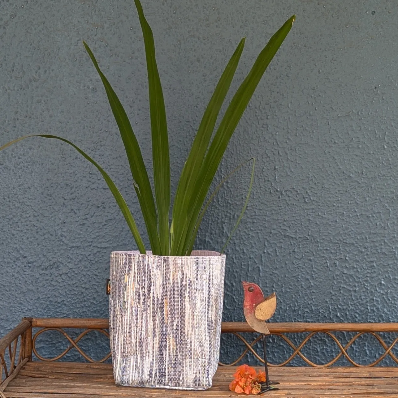 Blue Silver Shimmery Upcycled Handwoven Grow Pot Big (GPB1224-013)