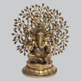 Brass Ganesha Sitting on Base with Tree 18 in