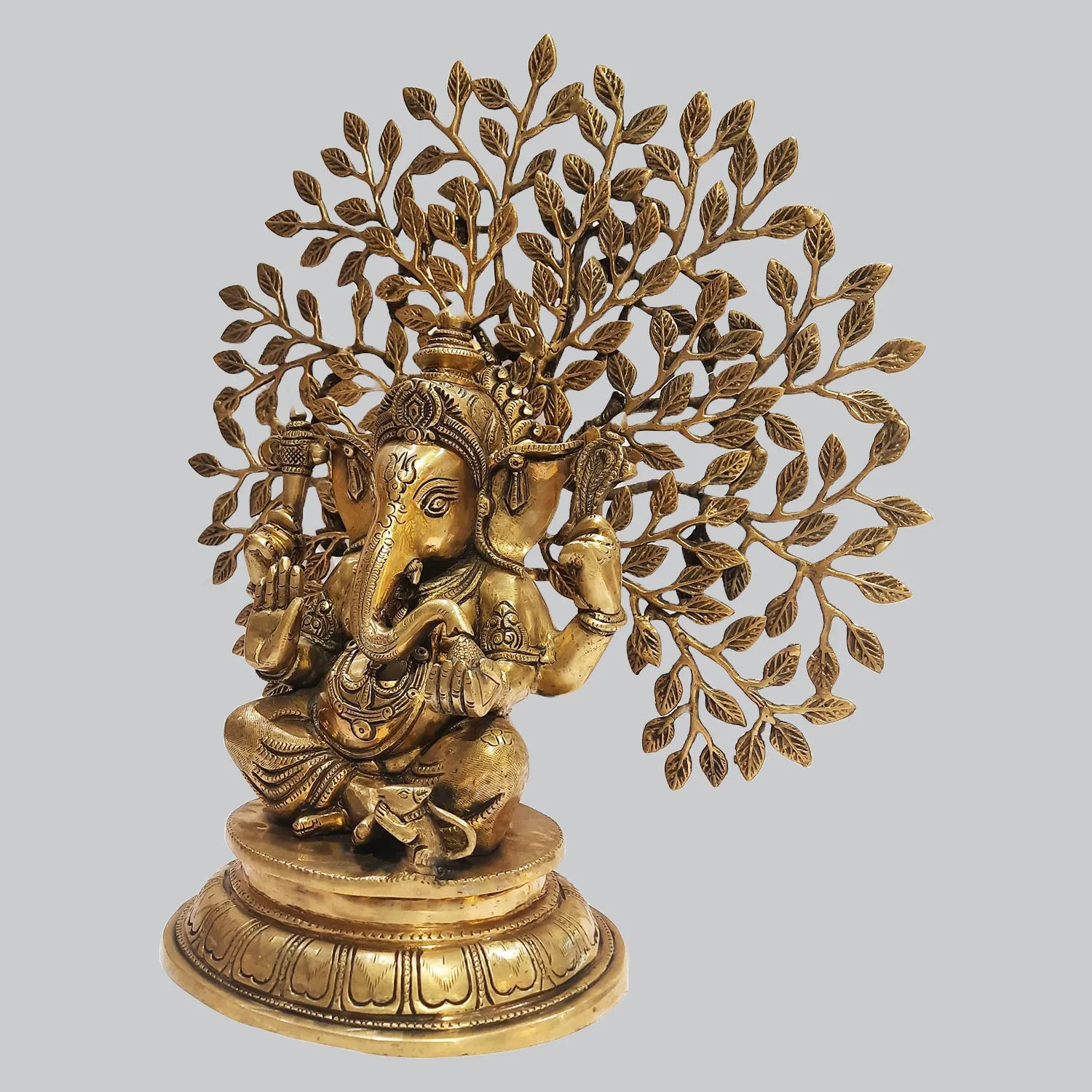 Brass Ganesha Sitting on Base with Tree 18 in