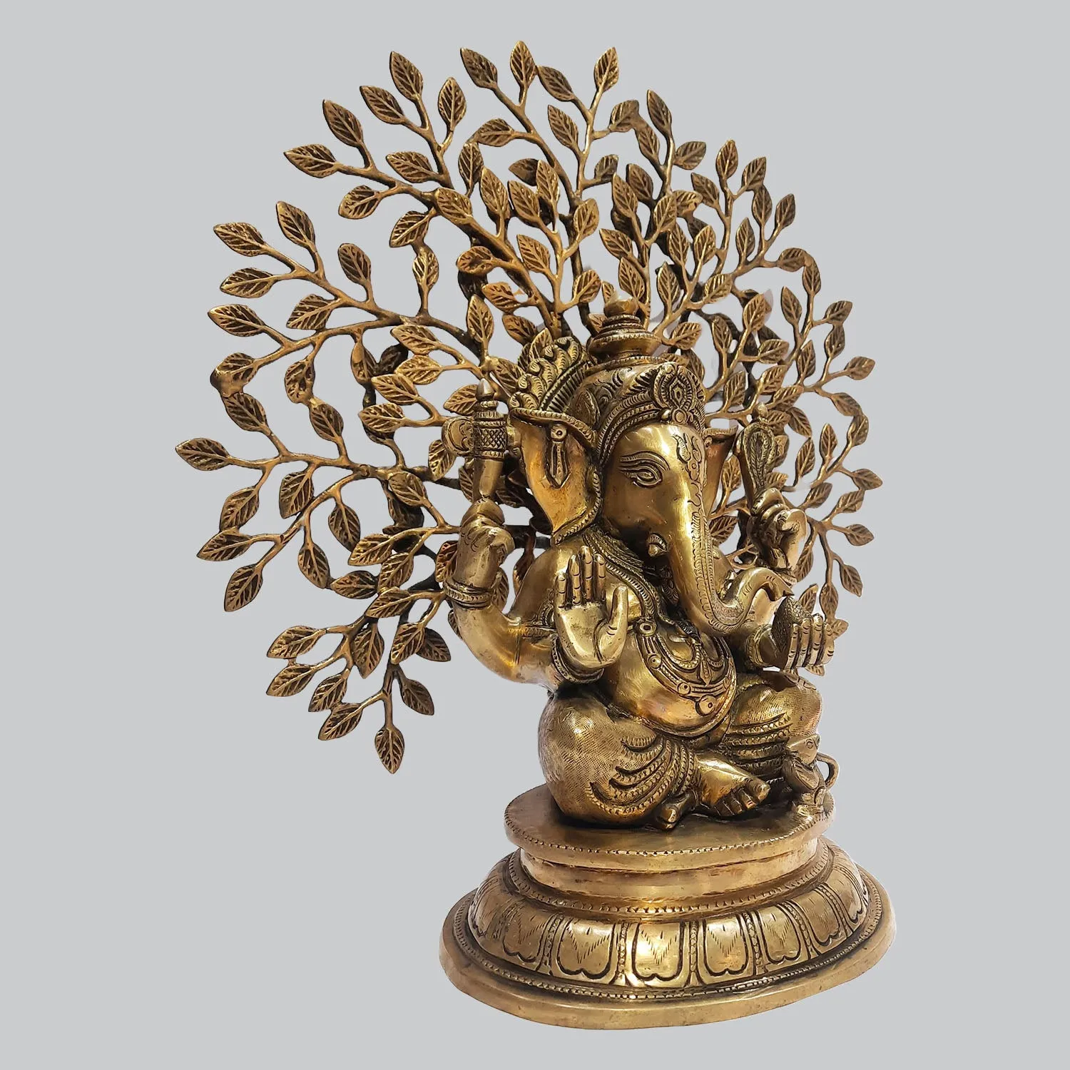 Brass Ganesha Sitting on Base with Tree 18 in