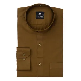 Brown Color Band Collar Solid Shirt For Men