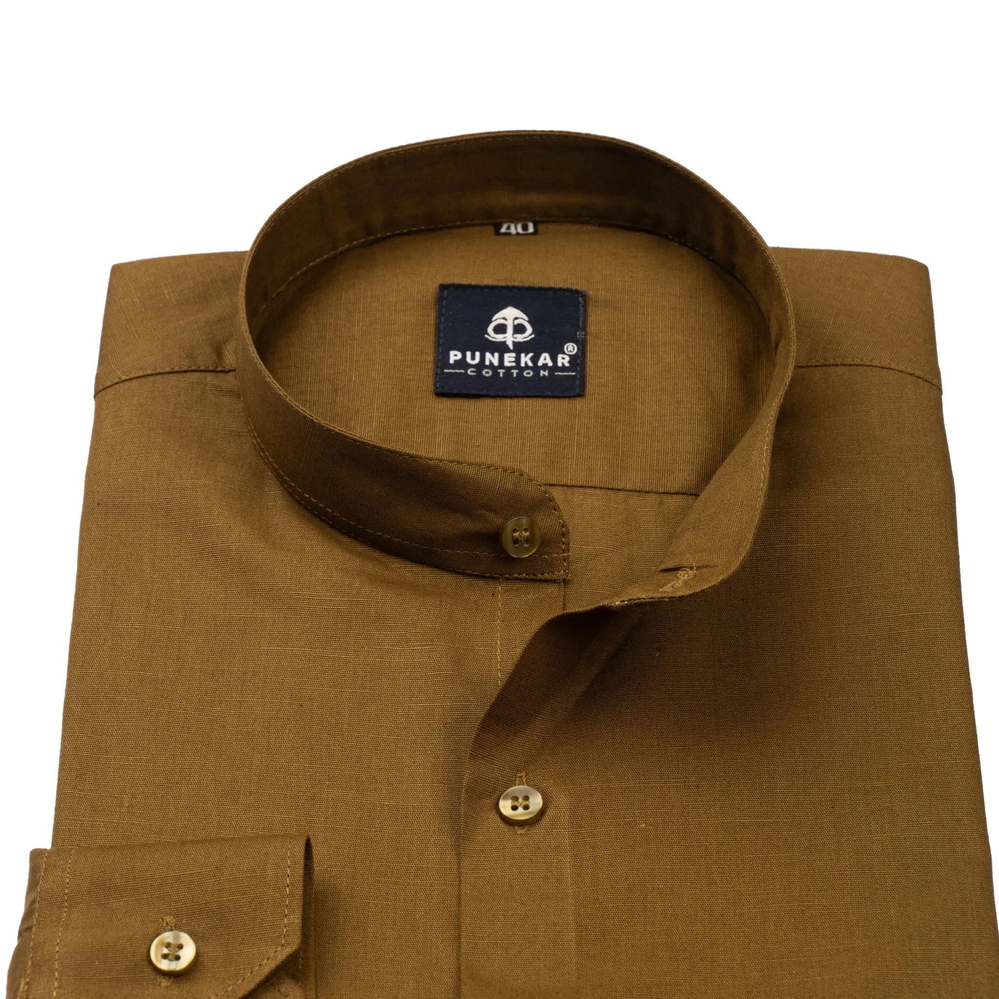 Brown Color Band Collar Solid Shirt For Men