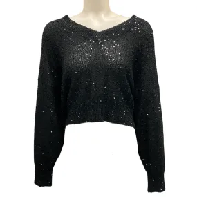 Brunello Cucinelli Black Sequined Long Sleeved V-Neck Knit Sweater