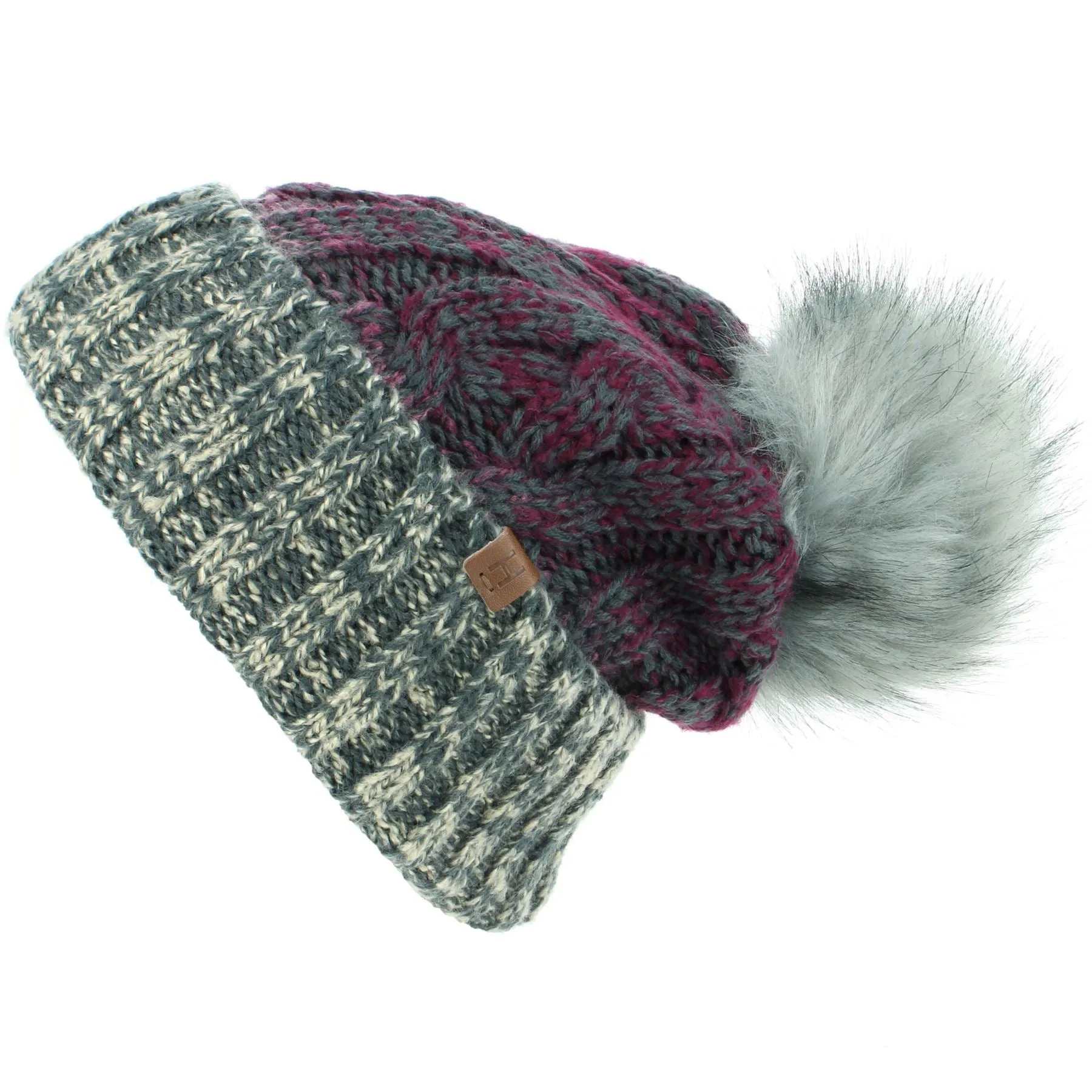 Cable Knit Beanie Hat with Contrast Turn-up and Faux Fur Bobble - Plum Grey