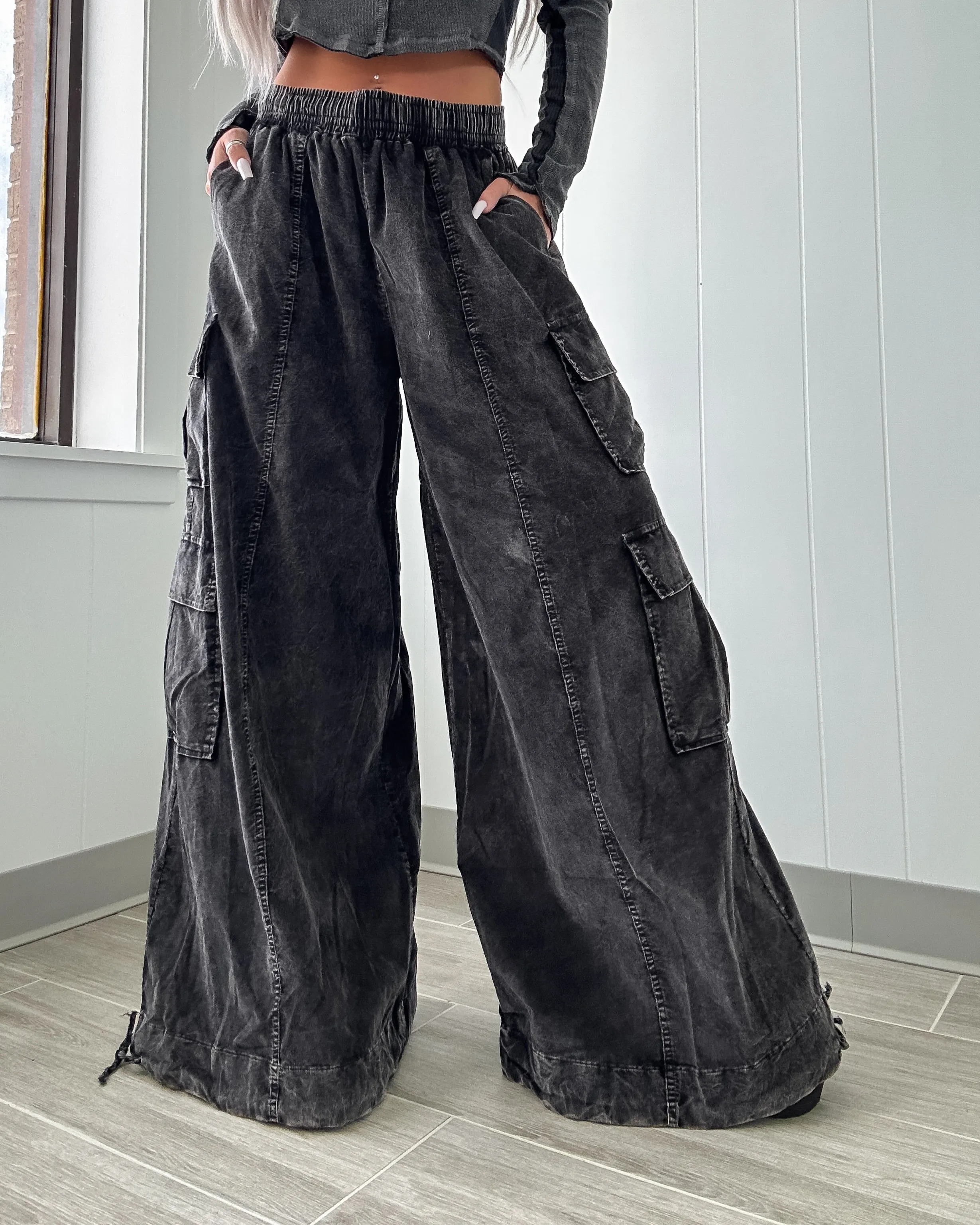 Camila Corduroy Cargo Wide Leg Pants - Black