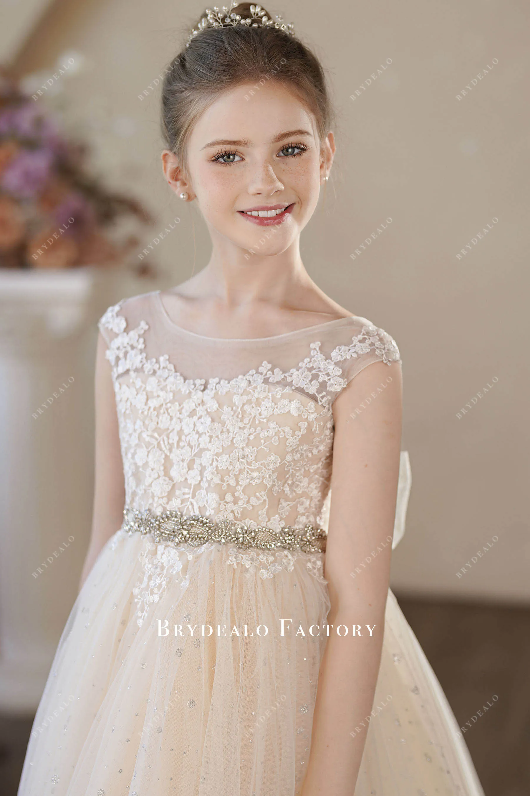 Champagne Cap Sleeve Puffy Shimmery Tulle Flower Girl Dress