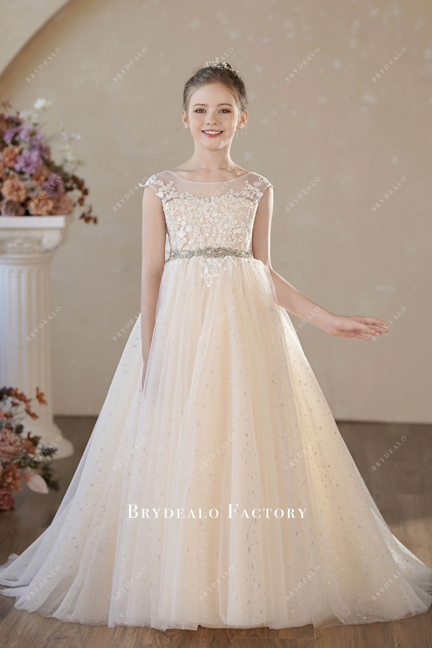 Champagne Cap Sleeve Puffy Shimmery Tulle Flower Girl Dress