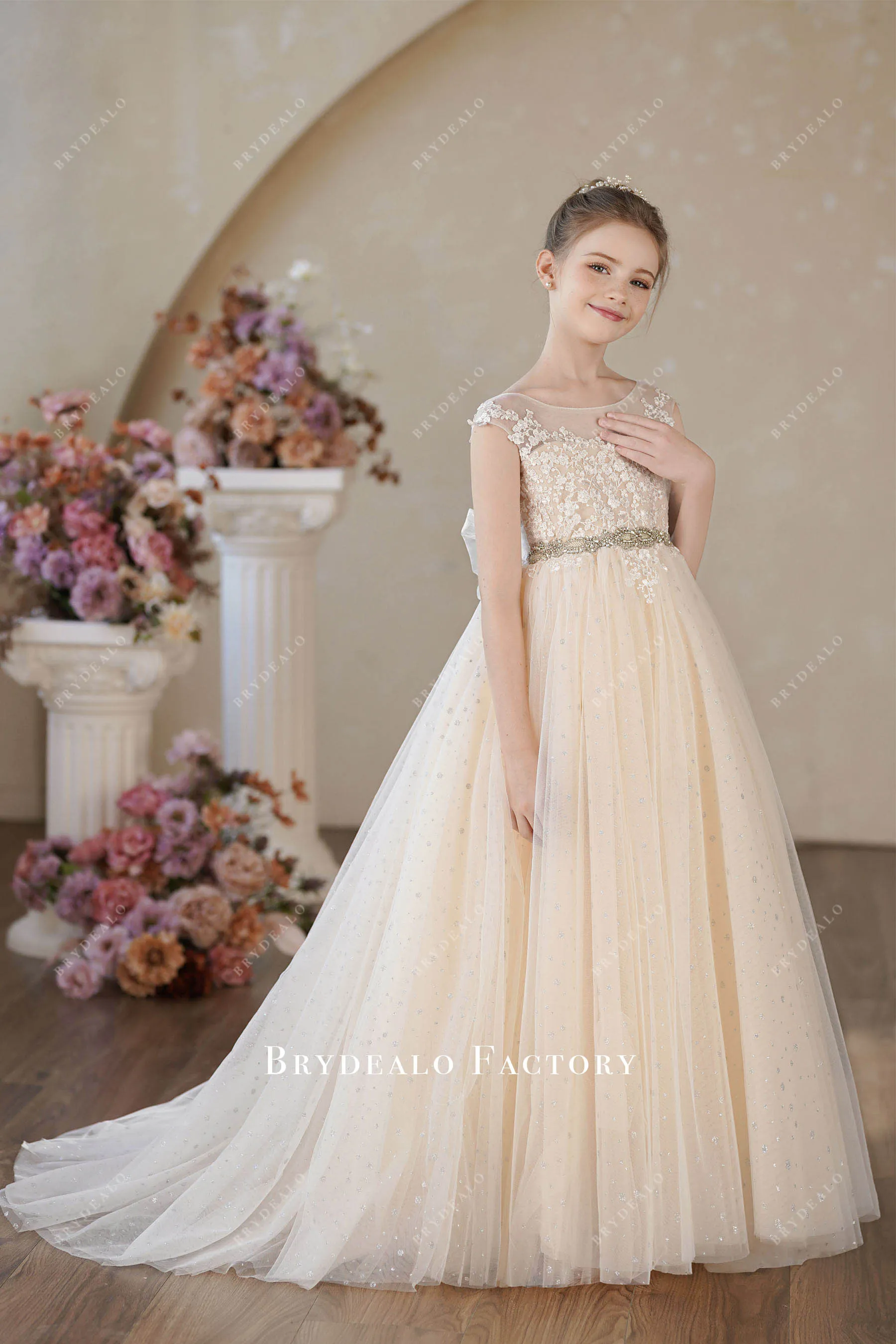 Champagne Cap Sleeve Puffy Shimmery Tulle Flower Girl Dress